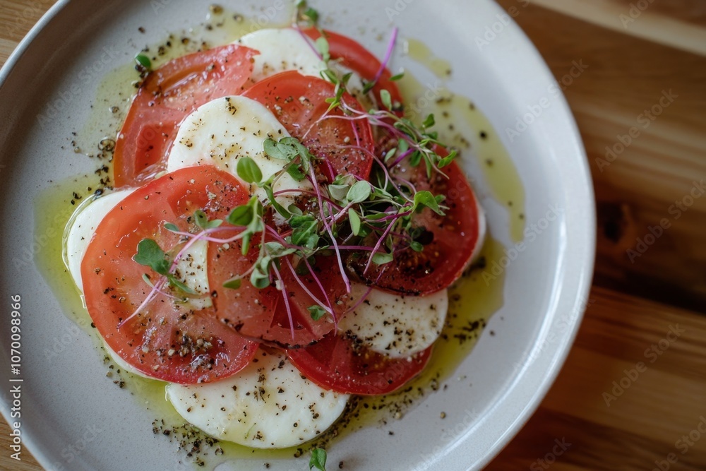 Fresh caprese salad with tomatoes, mozzarella, and microgreens drizzled with olive oil Fresh caprese salad with tomatoes, mozzarella, and microgreens drizzled with olive oil