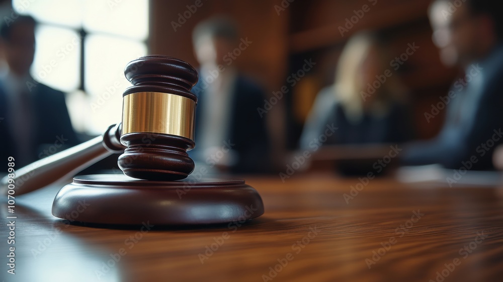 Close-up of a gavel on a wooden table in a professional law setting. Close-up of a gavel on a wooden table in a professional law setting.