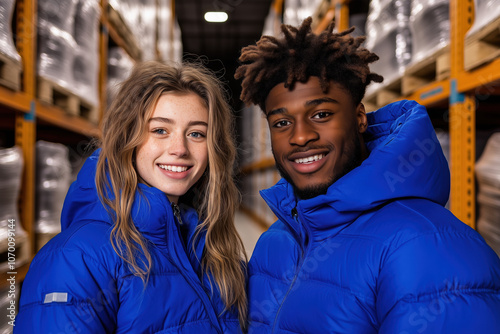 Diverse Young Friends in Blue Safety Jackets, Smiling and Posing in a Warehouse Aisle with Minimalistic Background and Focused Lighting photo