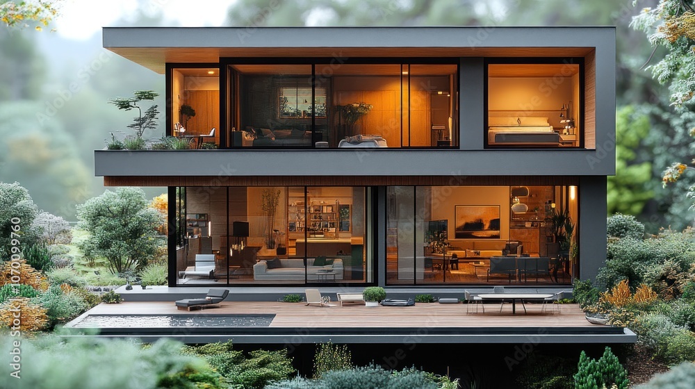 Modern house with large windows and a serene garden setting. Modern house with large windows and a serene garden setting.