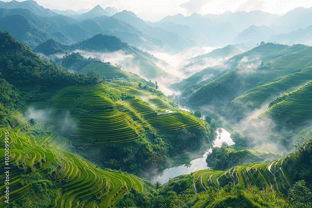 Fototapeta premium Breathtaking misty mountain rice terraces with lush greenery and serene landscape