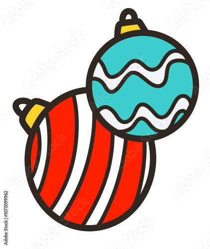 Simple Christmas ball cartoon style with bright colors. Suitable for use as an element in various graphic designs such as posters, printed media, or websites.