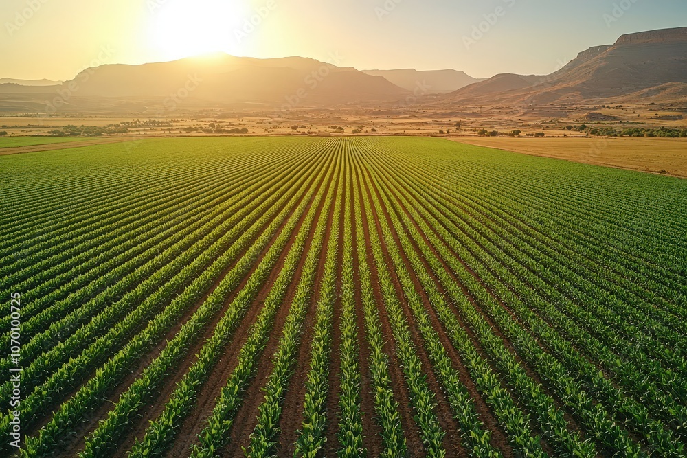 Sunlit cornfield with perfectly aligned rows under a golden sunrise in serene valley Sunlit cornfield with perfectly aligned rows under a golden sunrise in serene valley