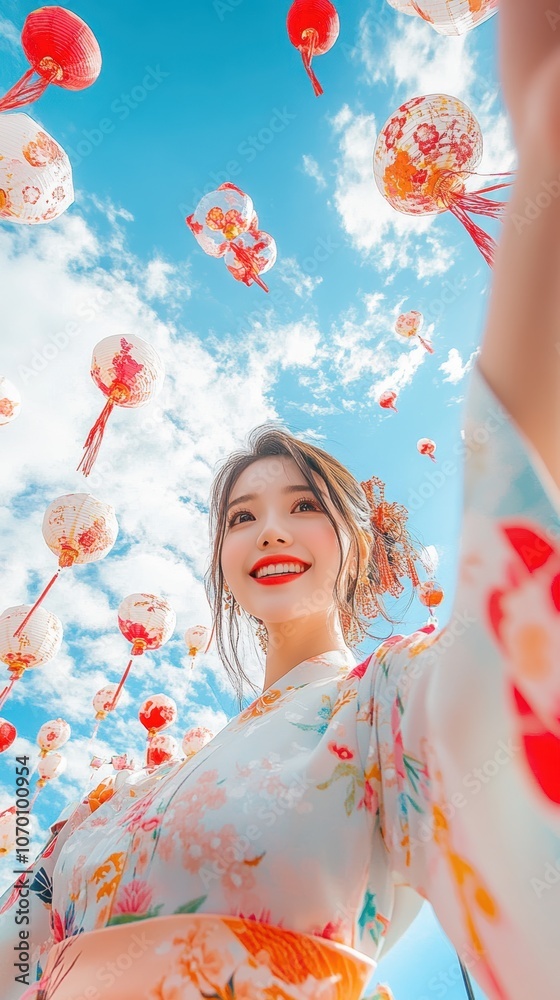 Cheerful Asian woman in a colorful kimono surrounded by floating lanterns under a blue sky. Cheerful Asian woman in a colorful kimono surrounded by floating lanterns under a blue sky.