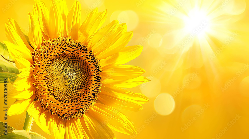 Sunflower in full bloom against a bright yellow background. The sunflower is a symbol of happiness, joy, and positivity. Sunflower in full bloom against a bright yellow background. The sunflower is a symbol of happiness, joy, and positivity.