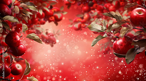 Red apple orchard with ripe apples and green leaves on a blurred background with bokeh. photo