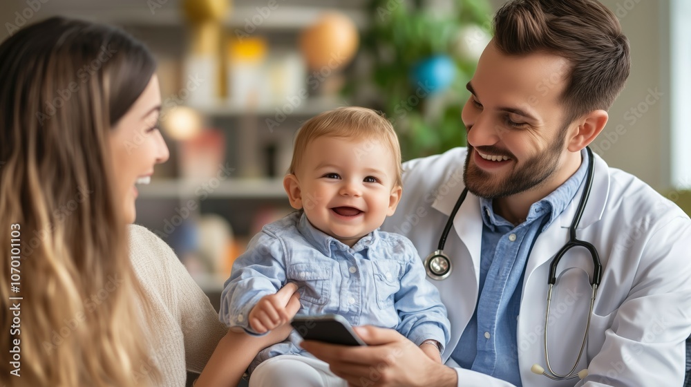 Doctor on a screen offering medical consultation to a child while the parent looks on attentively. AI generated Doctor on a screen offering medical consultation to a child while the parent looks on attentively. AI generated