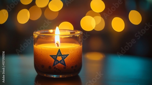 International Day of Remembrance of the Victims of the Crime of Genocide. Candle with the Star of David. Background with bokeh effect.