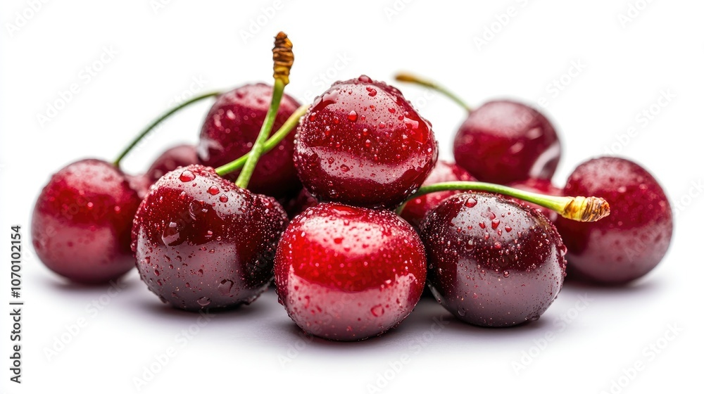 Glossy red cherries with sparkling water droplets on their skins, piled together to highlight their juicy, fresh appeal, isolated on white. Glossy red cherries with sparkling water droplets on their skins, piled together to highlight their juicy, fresh appeal, isolated on white.