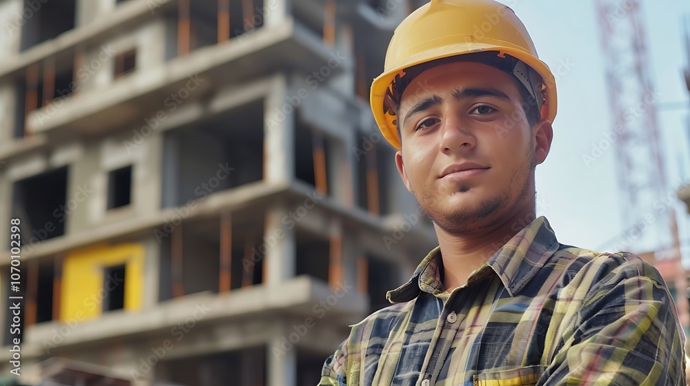 A young construction worker wearing a hard hat is standing in front of a building under construction. A young construction worker wearing a hard hat is standing in front of a building under construction.