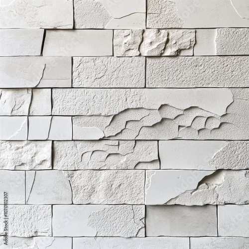 A wall made of white bricks, with a pattern of painted stone and concrete. photo