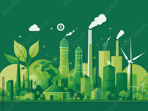 Net zero and carbon neutral concept. Net zero greenhouse gas emissions target. Climate neutral long term strategy with green net zero icons. Environment web banner with green city vector template.