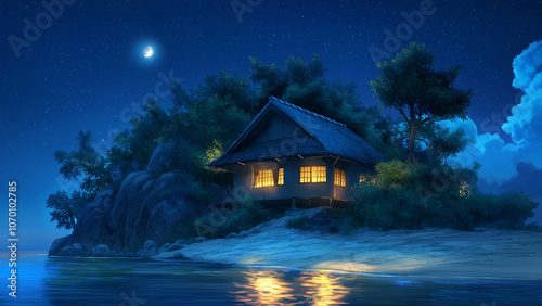 A house on a small island. Illustrations that look like a scene from an anime or game. Blue sky, sun, clouds, sunset, night, fog, snow, rain, autumn, cherry blossoms, etc. photo