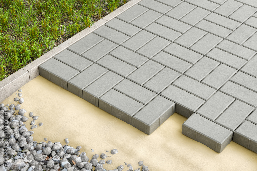 Rectangular-shaped paving blocks laying process. Layers of gravel, sand and tiles demonstrated - 3d rendering