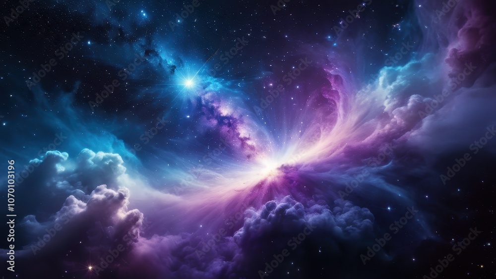 A mesmerizing nebula in deep space, showcasing vibrant shades of purple and blue with bright stars scattered throughout, perfect for any cosmic-themed project A mesmerizing nebula in deep space, showcasing vibrant shades of purple and blue with bright stars scattered throughout, perfect for any cosmic-themed project