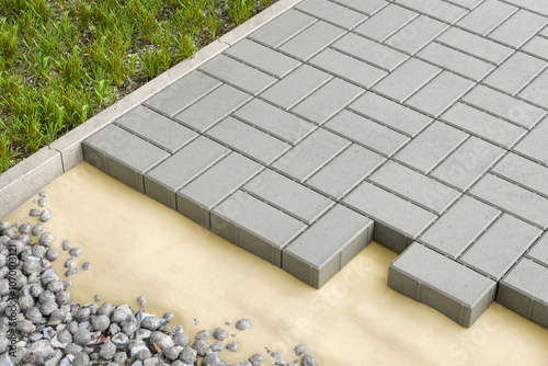 Obraz na płótnie Rectangular-shaped paving blocks laying process. Layers of gravel, sand and tiles demonstrated - 3d rendering w salonie