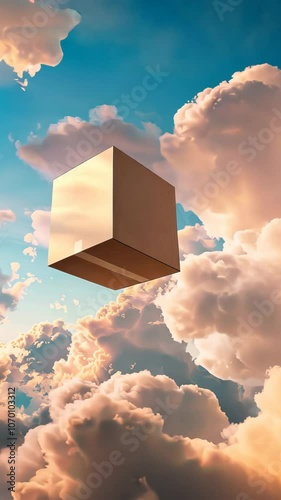 Floating cube amidst clouds in sky, surreal art visualization
