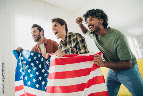 Portrait of three best friends hodl american flag raise fists gather chill free time modern interior flat indoors photo