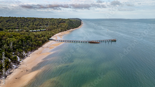 Fraser Island jetty pier, aerial drone, K'gari, Queensland Australia, tourism tourist holiday vacation destination, ferry arrival departure