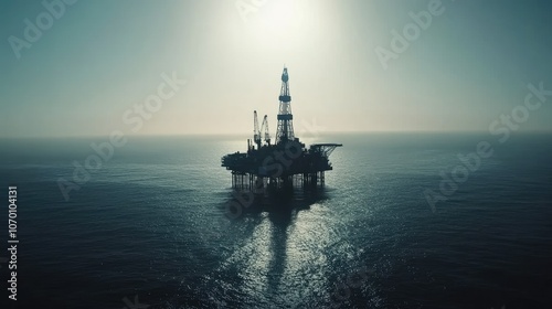 High-altitude shot of an offshore oil drilling platform in the middle of the ocean, highlighting its detailed structure and vast surrounding water.