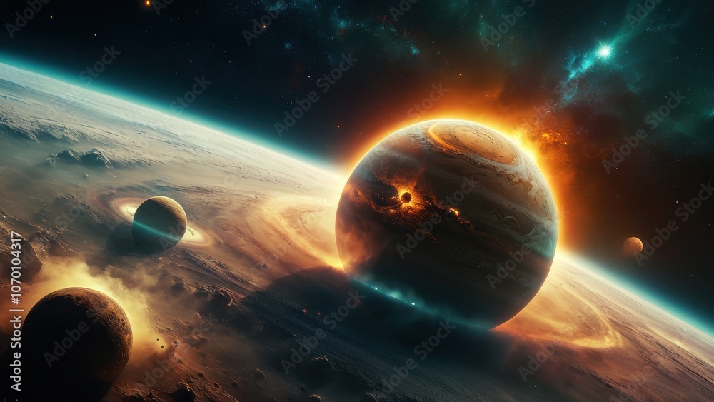Obraz premium A breathtaking view of a distant planet surrounded by rings and moons, showcasing a vibrant cosmic landscape filled with stars and glowing gases