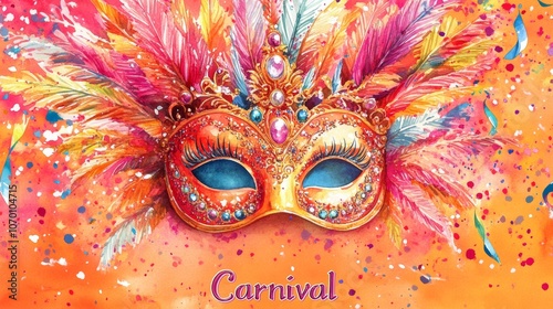 Vibrant carnival mask with colorful feathers and gemstones on a festive background. Mardi Gras photo