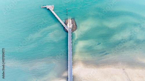 Fraser Island jetty pier, aerial drone, K'gari, Queensland Australia, tourism tourist holiday vacation destination, ferry arrival departure photo