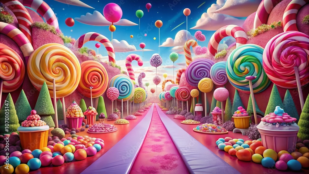 A Whimsical Journey Down a Pink Pathway of Sweets and Candies Perfect for Sweet Tooth Enthusiasts in a Dreamlike World of Treats and Delights