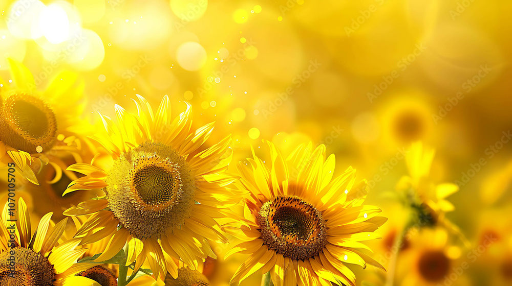 Fototapeta premium A field of sunflowers in full bloom. The bright yellow petals of the sunflowers are a feast for the eyes.