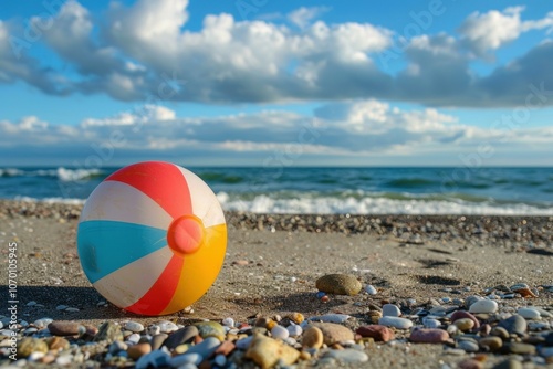 Colorful beach ball is lying on a sandy beach with the ocean and waves in the background