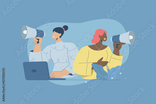 Technical support or customer service team, Hotline, Call center representative, Online customer consultation or feedback, Staff wearing headphones help provide customer service. Vector design.