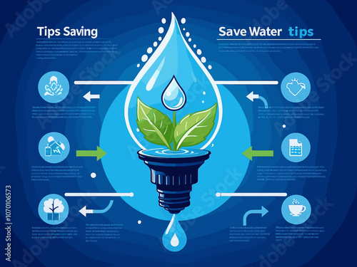 concept of water saving tips icon infographic. Save water, save earth and go green, environment protection campaign concept. on the blue background.
