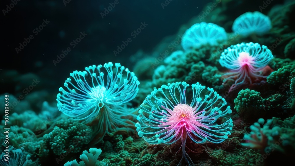 A vibrant underwater scene showcasing luminous jellyfish-like organisms, featuring delicate tentacles and glowing colors, perfect for marine and nature-related projects A vibrant underwater scene showcasing luminous jellyfish-like organisms, featuring delicate tentacles and glowing colors, perfect for marine and nature-related projects