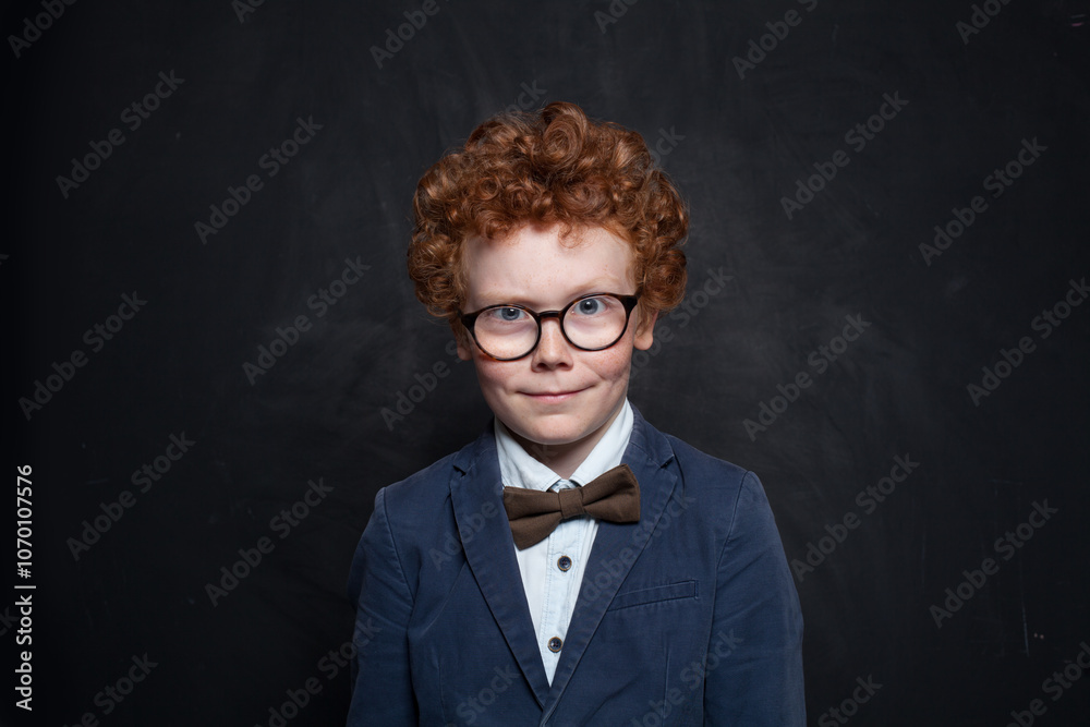 Εκτύπωση καμβά Clever little boy kid in school uniforlm clothes and goggles smiling on black ba