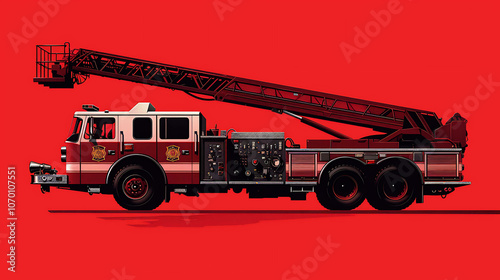 A red fire truck is parked on a red background. The fire truck has a ladder extended up into the air.