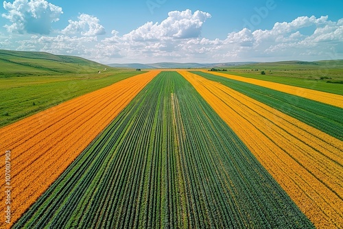 Aerial view of vibrant green and gold fields under a cloud-filled sky