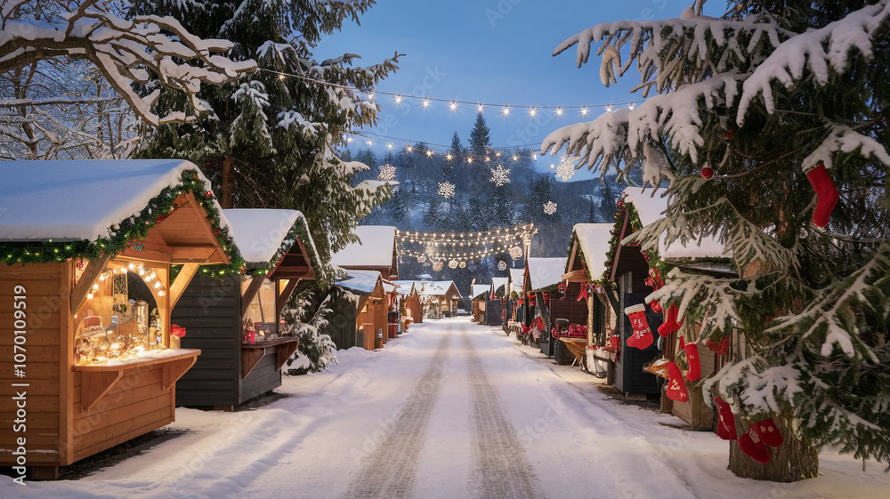 Festive Christmas Market in Snowy Forest with Wooden Cabins and String Lights Festive Christmas Market in Snowy Forest with Wooden Cabins and String Lights