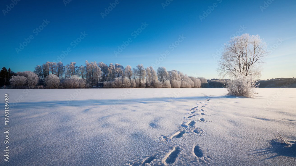Obraz premium Winter Wonderland Landscape with Snow Covered Trees and Footprints