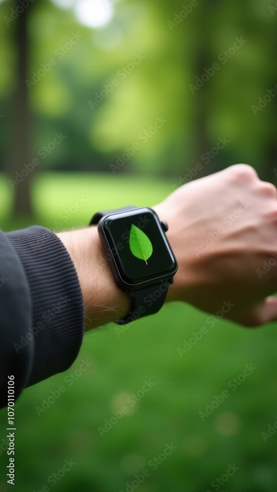 Fototapeta premium Smartwatch on hand showing leaf icon, emphasizing sustainability, environmental awareness, and eco-conscious lifestyle.