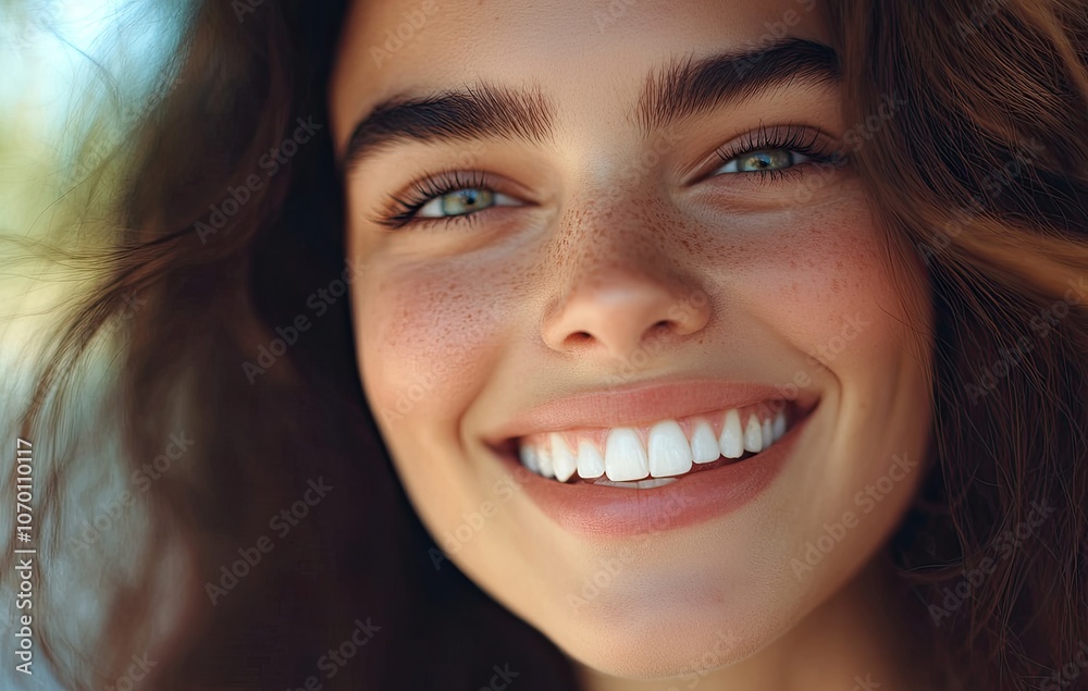 Close-up of a beautiful woman smiling with white teeth, a beauty concept Close-up of a beautiful woman smiling with white teeth, a beauty concept