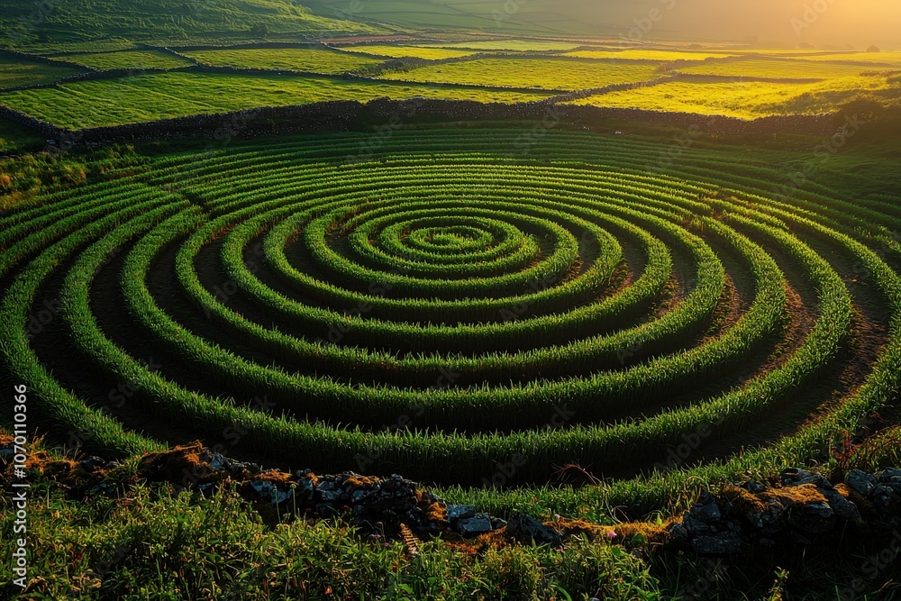 Spiral crop circles at sunset: mystical agricultural patterns in green fields Spiral crop circles at sunset: mystical agricultural patterns in green fields