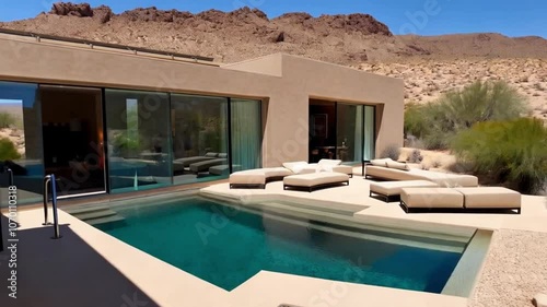 Desert home with seamless indoor-outdoor living, featuring an infinity pool, outdoor lounge areas, and breezy interior design innovations.