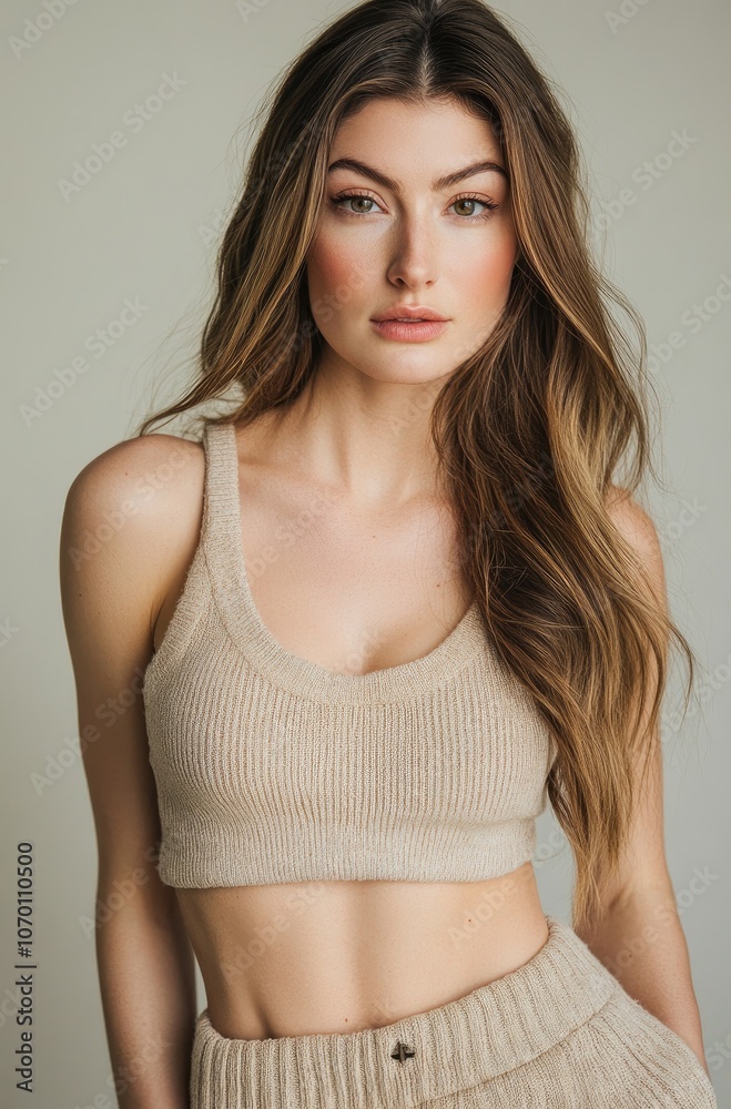 Fototapeta premium Fashion photoshoot of a beautiful woman wearing a cropped top and sweatpants, with a beige knitted texture fabric in neutral colors.