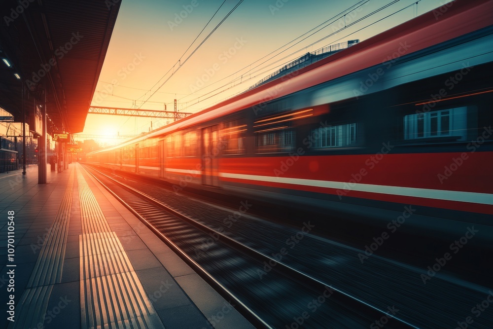 A red train is traveling down a track in front of a city skyline A red train is traveling down a track in front of a city skyline