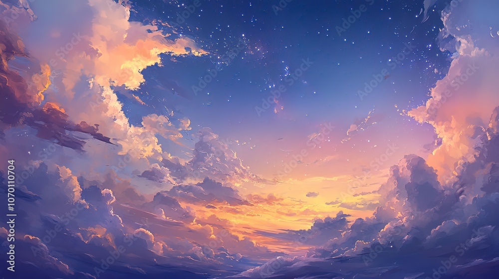 A picturesque sunset sky filled with fluffy clouds and twinkling stars. A picturesque sunset sky filled with fluffy clouds and twinkling stars.