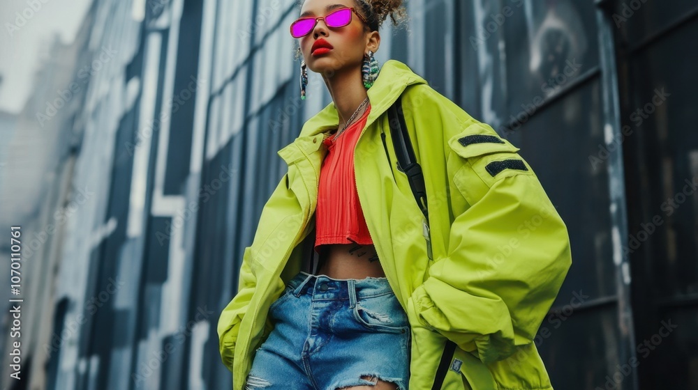 Fashionable African American Woman in Neon Jacket on Urban Street Fashionable African American Woman in Neon Jacket on Urban Street