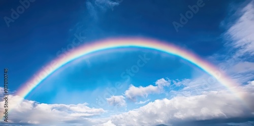 Vibrant rainbow arcing across a clear blue sky, a stunning sight following a refreshing rain shower.