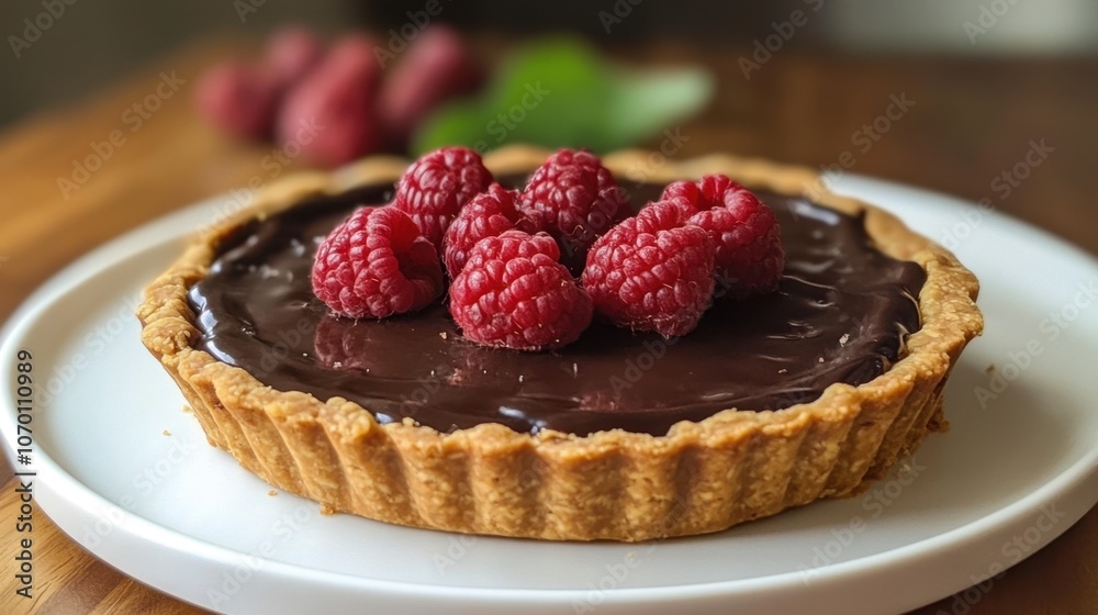 Chocolate Tart with Fresh Raspberries on a Plate Chocolate Tart with Fresh Raspberries on a Plate