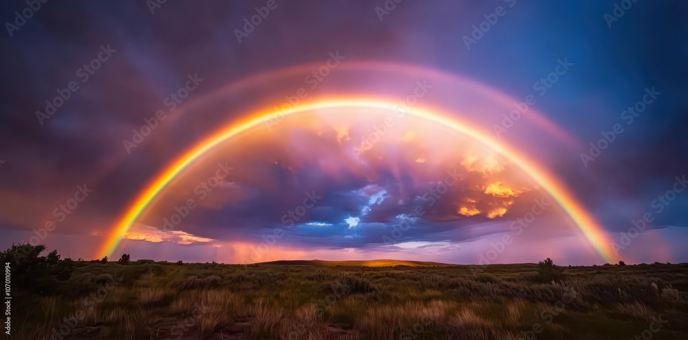 Vibrant rainbow arcing across a clear blue sky, a stunning sight following a refreshing rain shower. Vibrant rainbow arcing across a clear blue sky, a stunning sight following a refreshing rain shower.