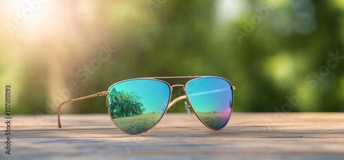 Aviator sunglasses with mirrored lenses reflecting a sunny sky and trees on a wooden surface. photo